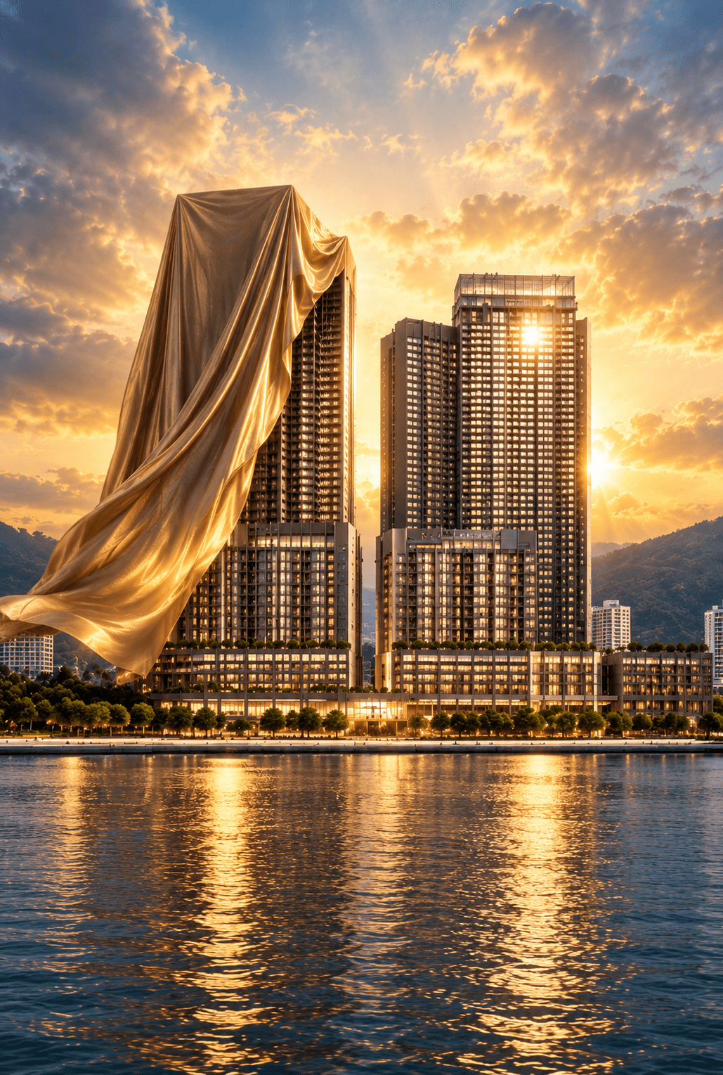 Approved waterfront reveal artwork with towers and flowing golden fabric at sunset